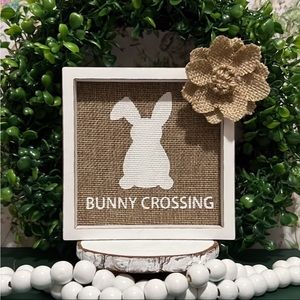 Farmhouse Bunny Crossing Burlap & Wood Box Sign